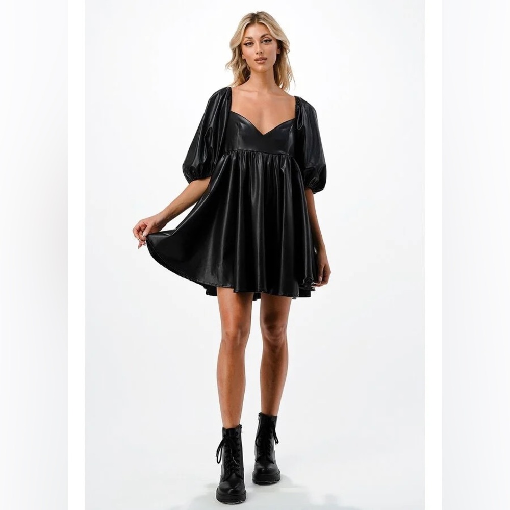 Dance & Marvel Black Puff-Sleeve Mini Dress